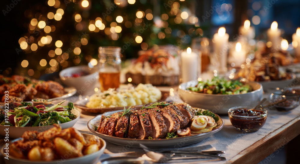 Fototapeta premium Beautifully set Christmas dinner table with festive food feast