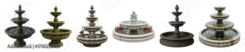 Stone fountain set including multiple tiered, carved, and weathered designs isolated. Architectural and landscape elements collection.