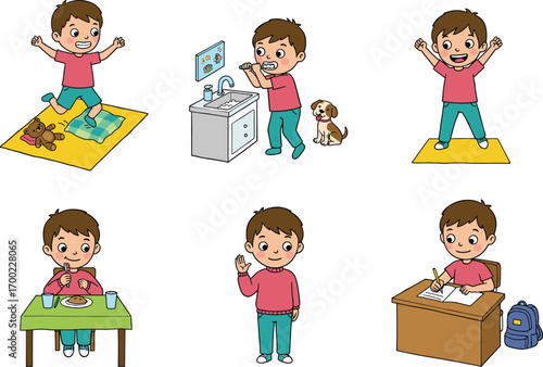 PrintCartoon boy doing daily routine activities like waking up, brushing teeth, eating, exercising, going to school, and studying happily.