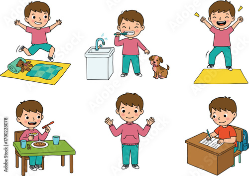 PrintCartoon boy doing daily activities like waking up, brushing teeth, exercising, eating breakfast, greeting, and studying at school desk.