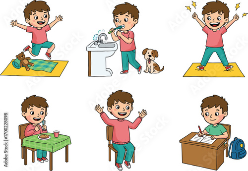 PrintCartoon boy doing daily routine activities like waking up, brushing teeth, exercising, eating breakfast, sitting, and writing at school desk, vector illustration.