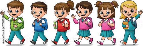 PrintCartoon children in school uniforms walking with backpacks and books – cheerful students, educational theme, diverse group, happy classroom concept