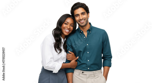 An african american woman holding on to a south asian man's arm, attractive couple isolated