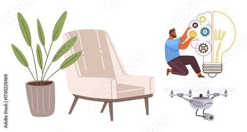 Man kneeling, fine-tuning gears in light bulb. Nearby quadcopter, potted plant, and armchair reflect innovation, creativity, modern workspace. Ideal for innovation, technology creativity workspace