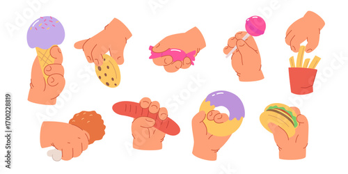 Children and junk food. Simple and cute illustration of kids hands holding lollipop, cookie, candy, donut for kids menu