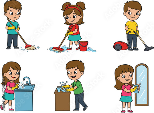 PrintCartoon kids doing household chores like cleaning, mopping, washing dishes, and vacuuming, ideal for responsibility, education, and activity illustrations.