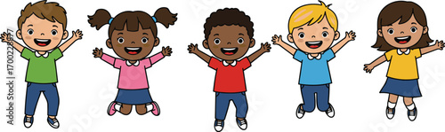 PrintCartoon illustration of diverse happy kids jumping and smiling together, perfect for school, education, childhood, learning, and fun concepts.