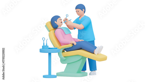 Dentist examines patient in dental chair using mirror and probe during routine checkup, promoting oral health and hygiene.