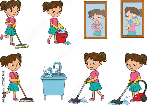 PrintCute Little Girl Doing Home Cleaning Chores – Mopping, Washing Dishes, Mirror Cleaning, Vacuuming – Household Task Vector Illustration Set
