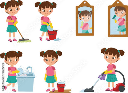 PrintCute Little Girl Doing House Cleaning Chores – Mopping, Washing Dishes, Cleaning Mirror, Vacuuming, Household Tasks Vector Set Illustration