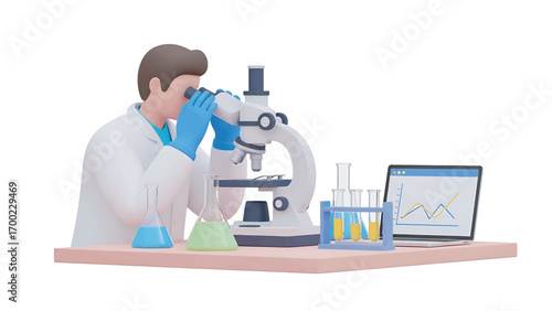 Scientist examines sample through microscope in laboratory, surrounded by beakers and laptop displaying data, representing scientific research and discovery.