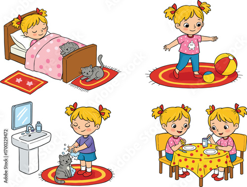 PrintDaily routine activities of a cheerful girl with twin, cat, hygiene, playtime, sleep, and mealtime in cartoon style