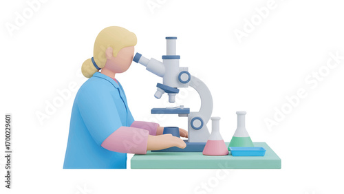 Scientist analyzing sample through microscope in laboratory with beakers and flasks, showcasing scientific research and discovery.