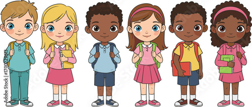 PrintGroup of diverse cartoon school children with backpacks and books standing in line, ready for education, learning, and classroom fun.
