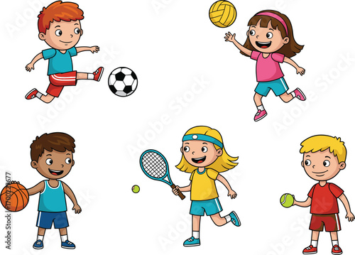 PrintHappy cartoon children playing soccer, volleyball, basketball, and tennis in colorful sports activities promoting healthy lifestyle, teamwork, and outdoor fun