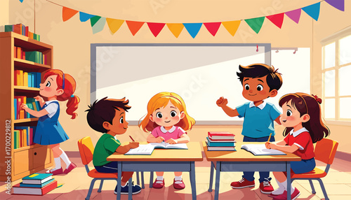 Happy cartoon kids studying together in a primary school classroom
