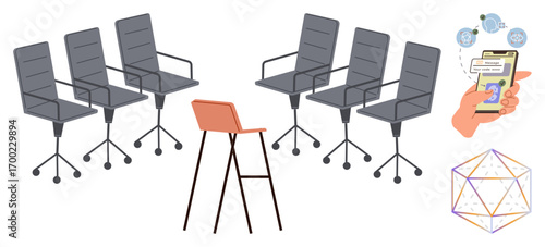Office chairs and a standout orange chair alongside a geometric pattern and digital handphone interaction. Ideal for teamwork, leadership, innovation, digital communication, uniqueness, modern