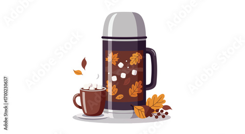 Cozy Autumn Still Life with Thermos and Hot Chocolate.