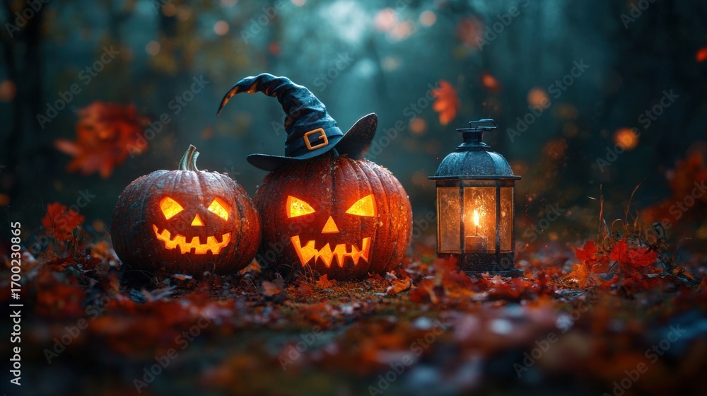 Fototapeta premium Two carved pumpkins with glowing faces and a witch hat beside a lantern, set in a dark, autumnal forest.