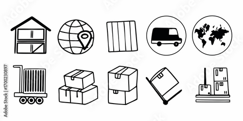 Illustration depicting a warehouse, globe, boxes, delivery van, and world map in black and white style