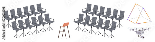 Red chair stands out amidst office chairs, symbolizing individuality in leadership. Nearby, a geometric pyramid and a quadcopter add dimensions of innovation and technology. Ideal for leadership