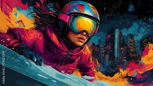 Woman snowboarder in vibrant art style, city skyline background.