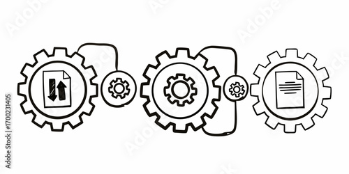 Illustration depicting a process flow with gears and document icons in a connected arrangement