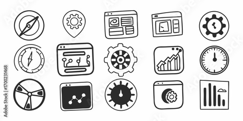 Illustration of various doodle style icons including compass settings graphs and timepieces in black and white