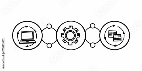 Illustration of a process flow with a laptop, gear, and stacked documents in circular arrows