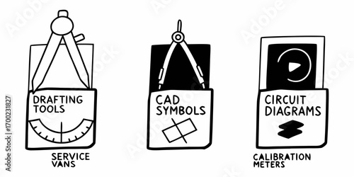 Illustration showcasing drafting tools cad symbols and circuit diagrams in a black and white line drawing style