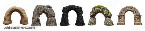 Stone arch set including natural rock, weathered, dark, mossy, and ancient archways isolated. Architectural and fantasy design elements.