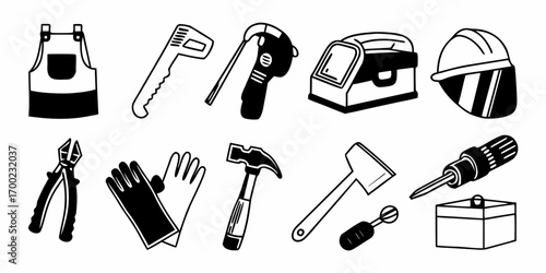 Illustration of various construction and repair tools including a hard hat and tool box items set up nice