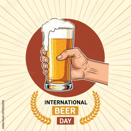 International Beer Day illustration with hand holding a glass of beer.