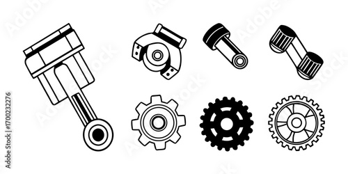 Illustration of various mechanical parts including pistons and gears in a black and white design