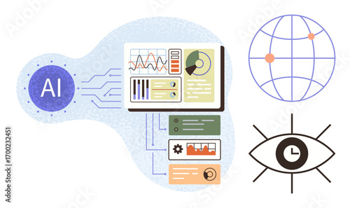 AI dashboard analyzing data with graphs, global network connectivity lines, and visual insight representation. Ideal for technology, data science, automation, innovation, global communication