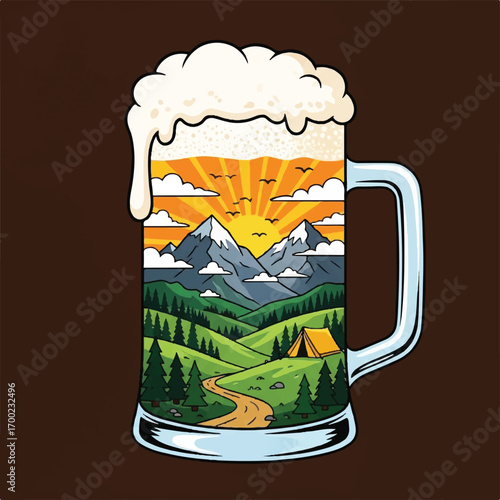 A beer mug filled with a landscape of mountains, forests, and a campsite, with a sunrise or sunset in the background.