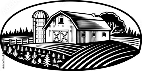 Illustration of a barn with a silo and a field in an oval frame in black and white colors