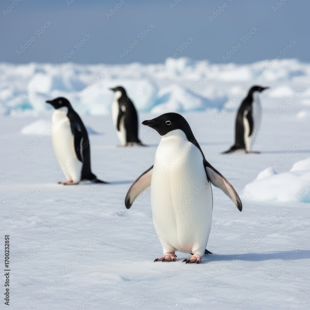 Naklejka premium Adelie penguins standing on ice floe in Antarctica with a bright blue sky above