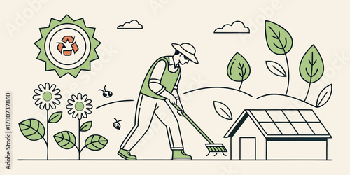 Man sweeping near a house with solar panels and flowers with a recycle symbol in the background