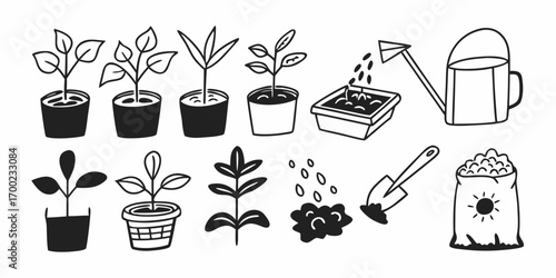 Illustration of plants in pots, seeds, watering can, shovel, and a bag of seeds in black and white