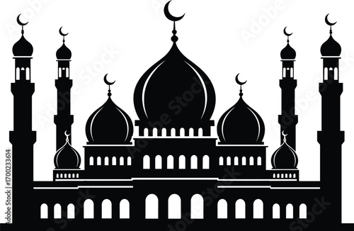 Islamic mosque silhouette, black vector illustration, crescent moon minarets, symmetrical architecture, religious building design, cultural heritage, Ramadan theme, Adobe Stock content