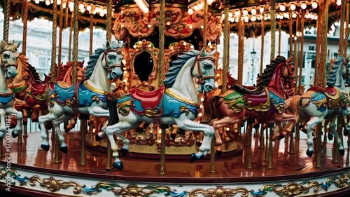 Vibrant carousel horses in motion, captured from a low-angle shot, evoking a nostalgic, whimsical video style with bright, colorful details.