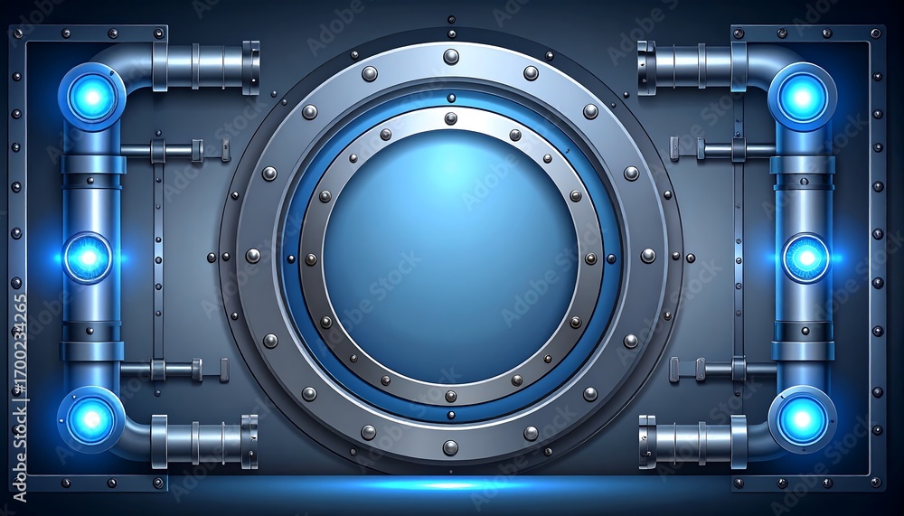 Fototapeta premium A metallic, futuristic door design features circular, light-blue accents, and steel pipes.