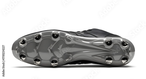 Sleek Black and Silver Soccer Cleat Sole with Metallic Studs, Underside View of Football Boot on White Background, Athletic Footwear for Sports