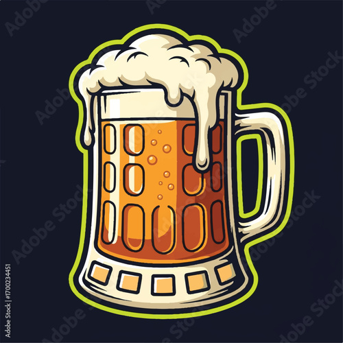 Cartoon illustration of a beer mug overflowing with foamy head, a refreshing beverage.