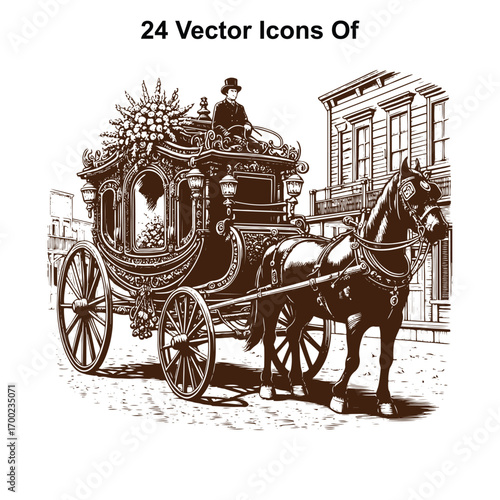 Vintage Horse-Drawn Carriage Standing or running Still – Western Black and White Vector Illustration