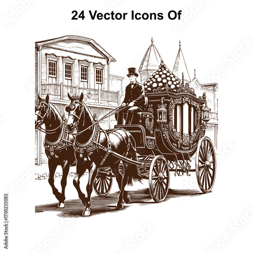 Vintage Horse-Drawn Carriage Standing or running Still – Western Black and White Vector Illustration