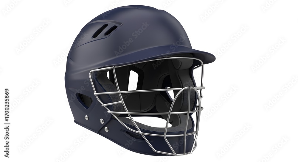 Fototapeta premium Navy Blue Sports Helmet with Metal Faceguard Isolated on White Background for Baseball or Cricket Safety