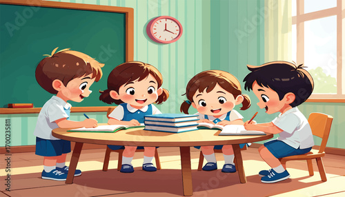 Children Studying Together at a Round Table in Classroom