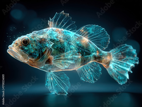 Glowing Blue Neon Fish with Elongated Fins on Dark Background. Great for fantasy, marine, or bio-tech themes.